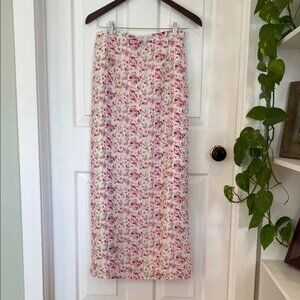 Vintage White and Pink Microfloral Maxi Skirt Feminine Boho Romantic Long Dainty